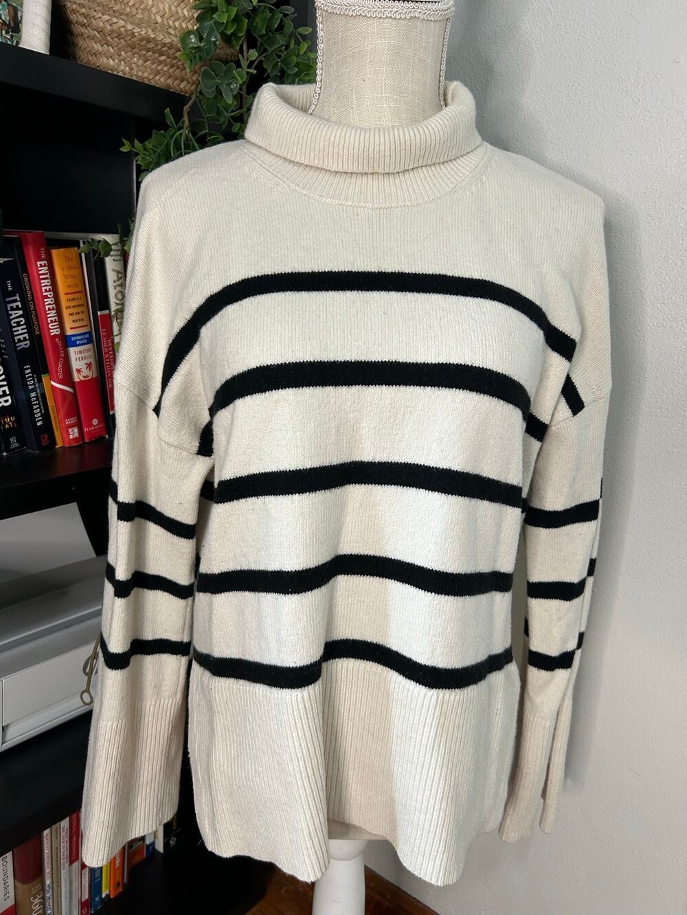 Banana Republic Womens S Cream Black Striped Turtleneck Sweater Oversized